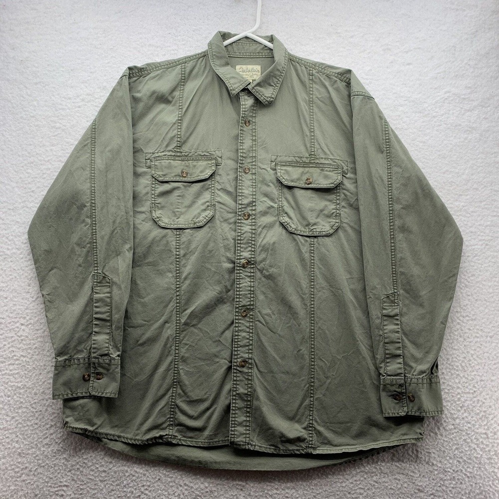 Cabela's Button Up Shirt Mens XL X-Large Army Green Pockets Hunting Outdoors Dad